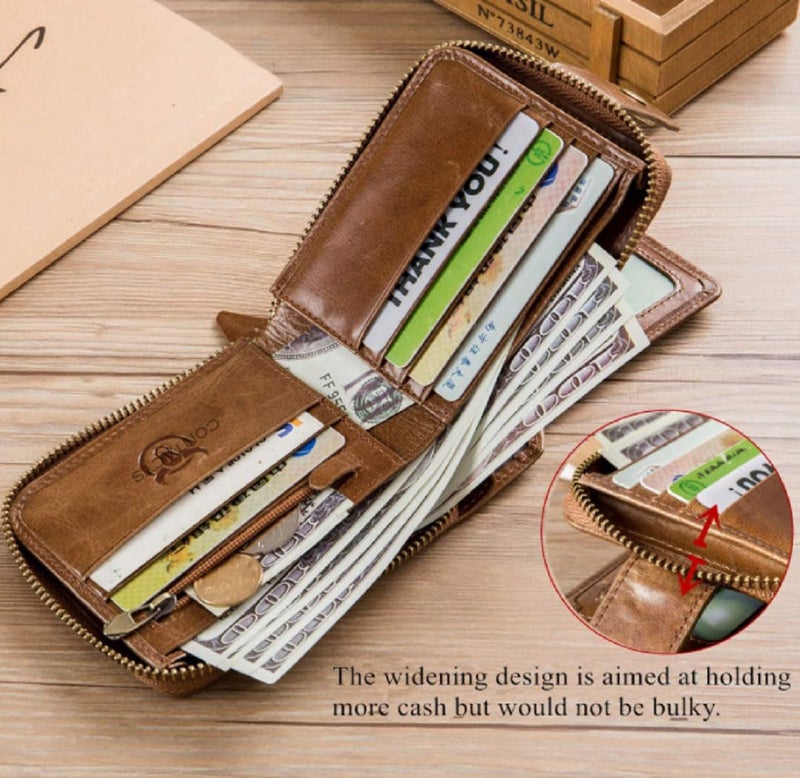 Contacts Men's Genuine Leather Wallet | RFID Blocking Zip Around Bifold Wallet for Men | Up to 11 Card Slots Including 1 ID Window and 2 Bill compartments (Beige) - Image 3