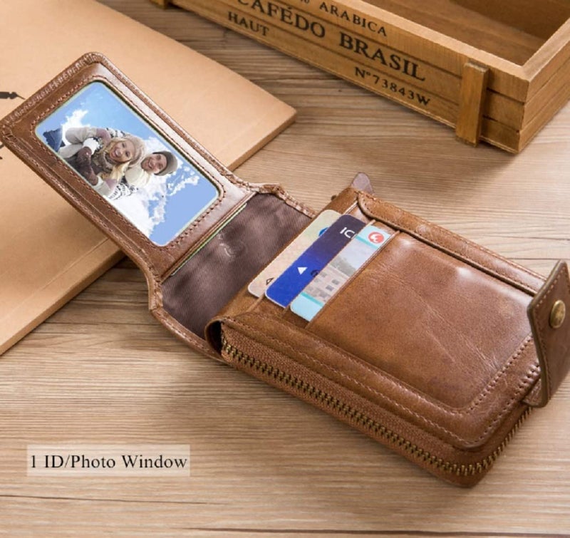 Contacts Men's Genuine Leather Wallet | RFID Blocking Zip Around Bifold Wallet for Men | Up to 11 Card Slots Including 1 ID Window and 2 Bill compartments (Beige) - Image 2