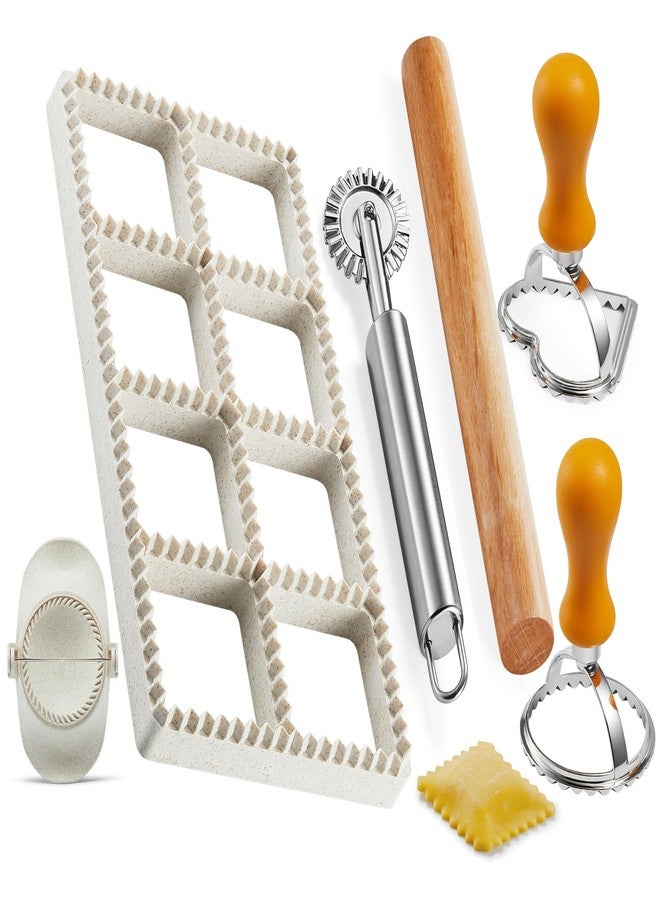 MUMSUNG Ravioli Maker Press, Ravioli Stamp Maker - Heart Round Squares - 1.85" Squares Ravioli Stamp Maker Cutter with Wood Rolling Pin, 2.6" Empanada Maker Press Kit and Ravioli Wheel, Makes 8 Ravioli - Image 1