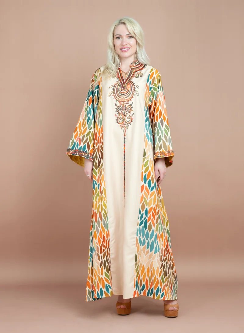 IKKXA Mandarin Collar Embroidered Jalabiya CJ1059 Beige