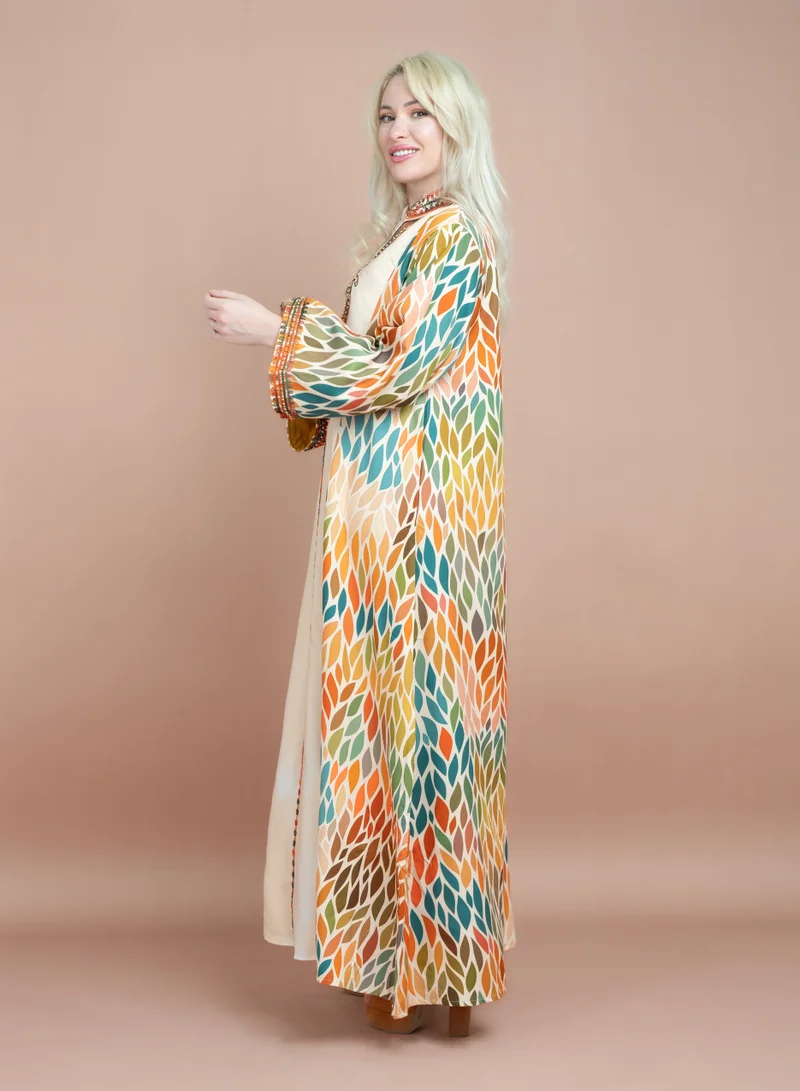 IKKXA Mandarin Collar Embroidered Jalabiya CJ1059 Beige