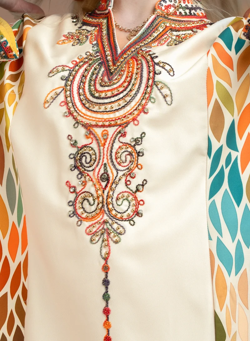 IKKXA Mandarin Collar Embroidered Jalabiya CJ1059 Beige