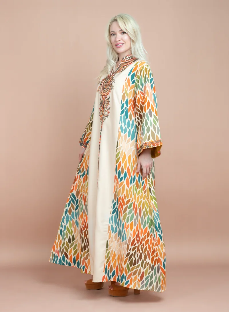 IKKXA Mandarin Collar Embroidered Jalabiya CJ1059 Beige