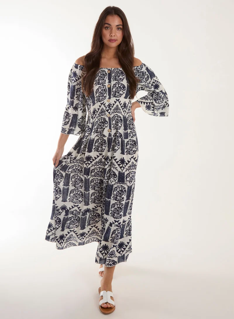 بلو فانيلا فستان بأزرار جوز الهند مطبوع