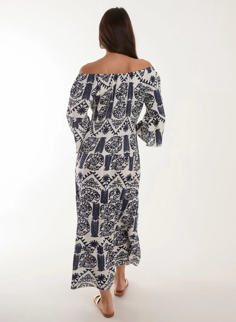 بلو فانيلا فستان بأزرار جوز الهند مطبوع