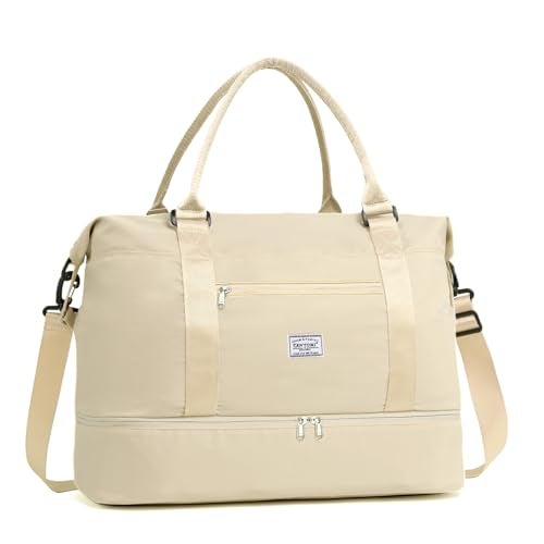 TANTOMI Travel Duffle Bag for Women Personal Item Travel Bag with Shoes Compartment Weekender Overnight Bag Carry On Duffle Bag Tote Gym Bag for Travel Sports Hospital Dance Beige - Image 1