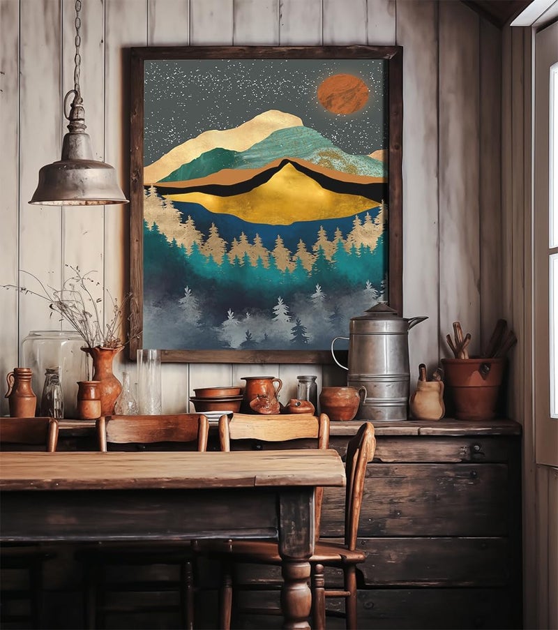 YUMKNOW Boho Wall Art for Bedroom - Large Oversize Unframed Rolled Canvas 24x36 Living Room - Modern Boho Moody Room Decor - Textured Metallic Mountain Moon Sun - Emerald Green Marble Golden Nature Tree Forest - Image 5