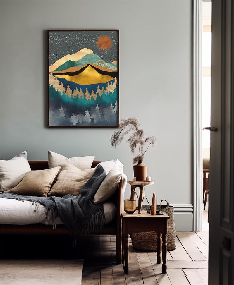 YUMKNOW Boho Wall Art for Bedroom - Large Oversize Unframed Rolled Canvas 24x36 Living Room - Modern Boho Moody Room Decor - Textured Metallic Mountain Moon Sun - Emerald Green Marble Golden Nature Tree Forest - Image 4