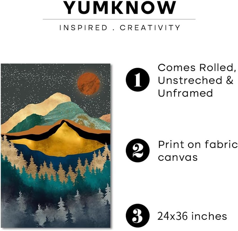 YUMKNOW Boho Wall Art for Bedroom - Large Oversize Unframed Rolled Canvas 24x36 Living Room - Modern Boho Moody Room Decor - Textured Metallic Mountain Moon Sun - Emerald Green Marble Golden Nature Tree Forest - Image 2