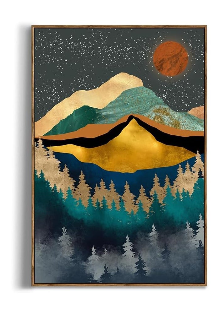 YUMKNOW Boho Wall Art for Bedroom - Large Oversize Unframed Rolled Canvas 24x36 Living Room - Modern Boho Moody Room Decor - Textured Metallic Mountain Moon Sun - Emerald Green Marble Golden Nature Tree Forest - Image 1