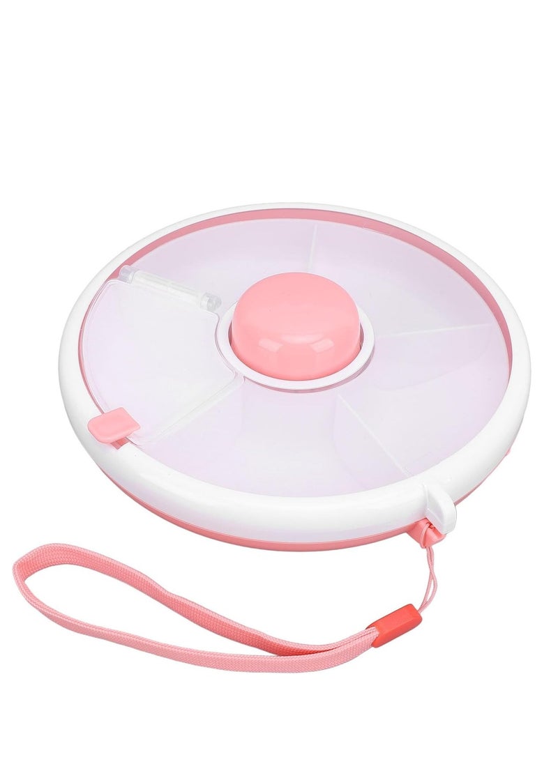 Kids Snack Spinner, 5 Compartment Dispenser 360Â° Rotating Reusable Snack Container with Lid and Hand Strap, Leakproof Baby Food Storage Container for Home, Travel (Pink) - Image 1