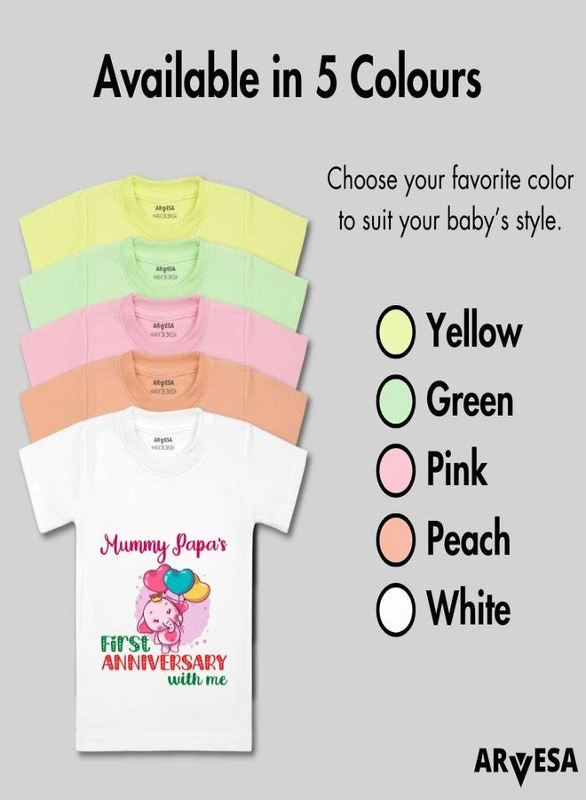 ARVESA Mummy Papa First Anniversary with Me TS-1199 Mom Dad Anniversary Baby Tshirt for Kids Boys & Girls Half Sleeves Round Neck Clothes Tshirt for Kids Boys 1 Months to 6 Years Dress Yellow - Image 4