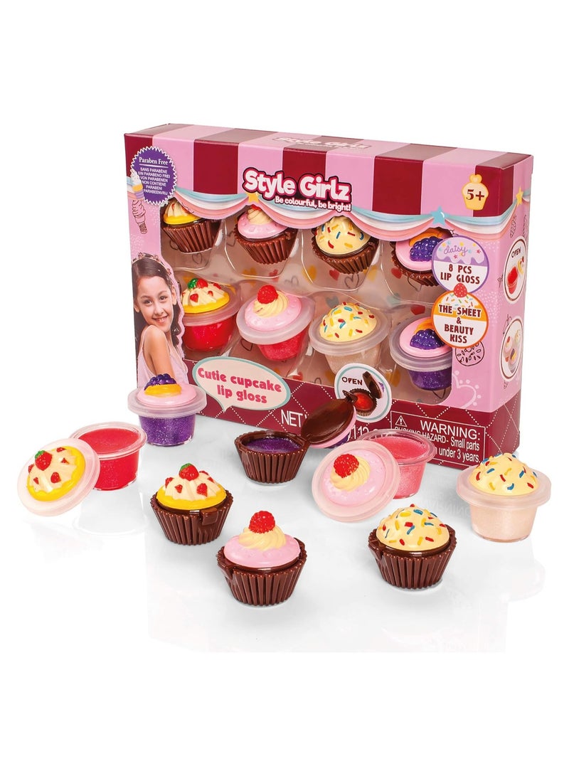 S&Li 8Kid Girls Lip Gloss Set 8 Cupcake Style Kids Safe Cosmetic Pretend Play Kit Princess Toy - Image 1