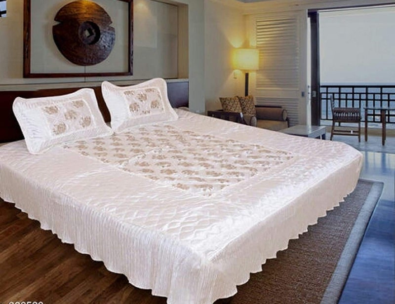 ManavRachit Satin Gold Printed 310 TC Wedding Bedding Set (Bedsheet with 2 Pillow Covers) for Home & Living Room(Set of 3pc, Hathi/Elephant Print)(White) - Image 1
