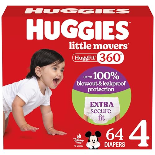 Huggies Size 4 Baby Diapers, Little Movers HuggFit 360° Baby Diapers with 360° Waistband, Size 4 (22-37 lbs), 64 Count, Packaging May Vary - Image 1