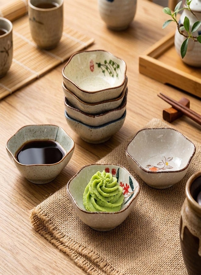 Nagpew 12 Pieces Japanese Sauce Dishes, 4 Oz Ceramic Side Dish Set, Small Flower-shaped Seasoning Soy Dipping Bowl Plate for Sushi, Snack, Appetizer, Kitchen Prep, 6 Patterns - Image 4