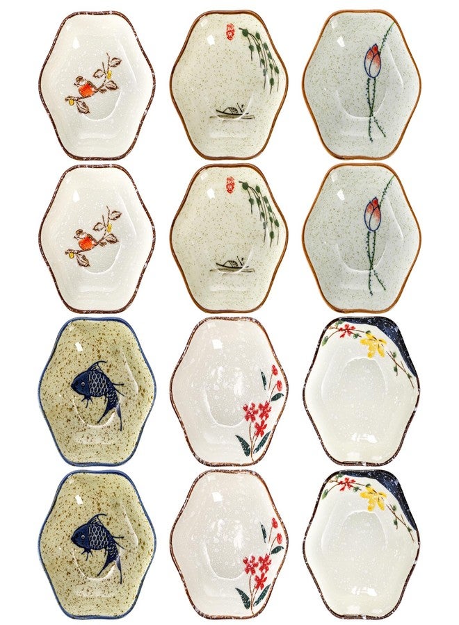 Nagpew 12 Pieces Japanese Sauce Dishes, 4 Oz Ceramic Side Dish Set, Small Flower-shaped Seasoning Soy Dipping Bowl Plate for Sushi, Snack, Appetizer, Kitchen Prep, 6 Patterns - Image 1