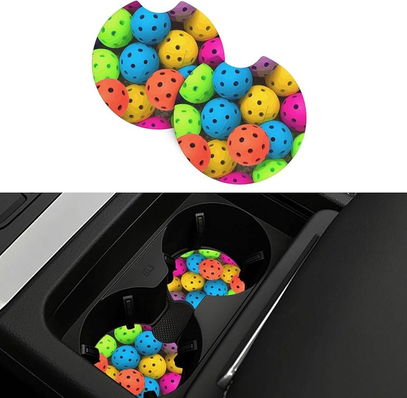 Non Slip Pickleball Balls Pattern Car Cup Holder Coaster 2 Pcs Absorbent Rubber Mat - Image 1