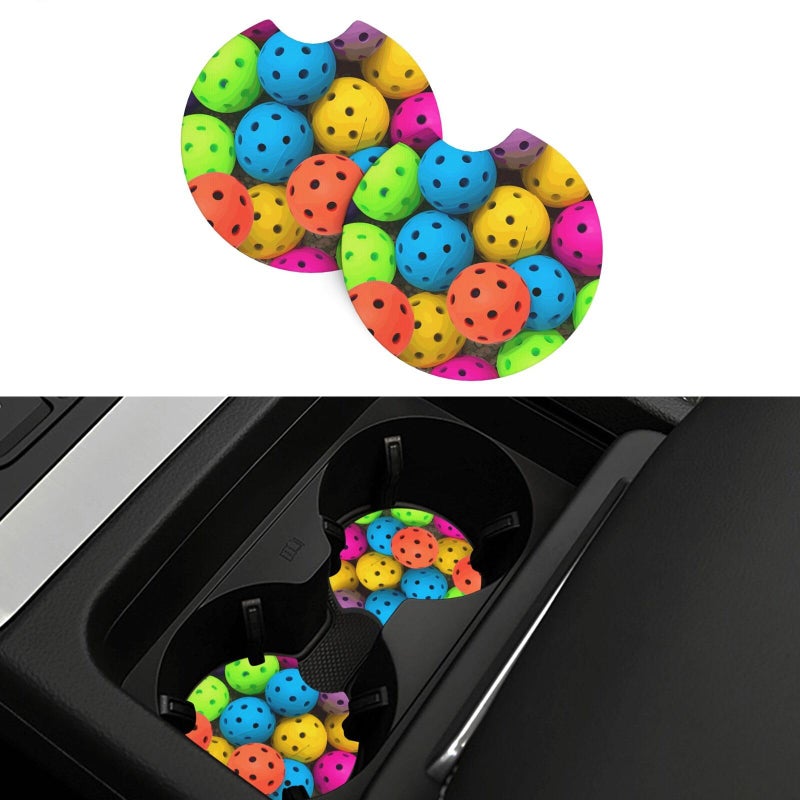 Non Slip Pickleball Balls Pattern Car Cup Holder Coaster 2 Pcs Absorbent Rubber Mat - Image 2