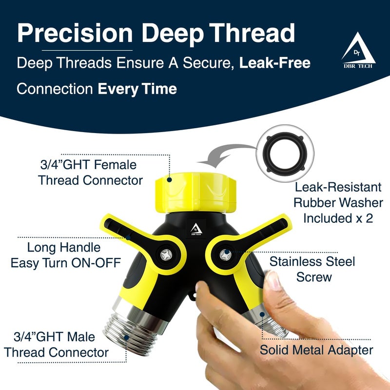 DBR Tech ® Hose Splitter 2 Way, Heavy Duty Metal Connector, Two Way Garden Hose Splitter, High Flow Spigot Faucet Bib Adapter, Solid Double Y Shut Off Valve for Outdoor Gardening Hoses, Yellow - Image 4