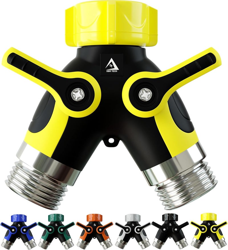 DBR Tech ® Hose Splitter 2 Way, Heavy Duty Metal Connector, Two Way Garden Hose Splitter, High Flow Spigot Faucet Bib Adapter, Solid Double Y Shut Off Valve for Outdoor Gardening Hoses, Yellow - Image 1