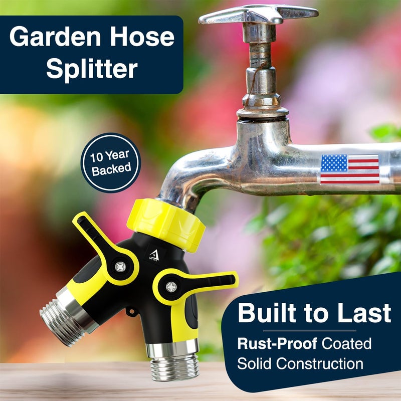 DBR Tech ® Hose Splitter 2 Way, Heavy Duty Metal Connector, Two Way Garden Hose Splitter, High Flow Spigot Faucet Bib Adapter, Solid Double Y Shut Off Valve for Outdoor Gardening Hoses, Yellow - Image 2
