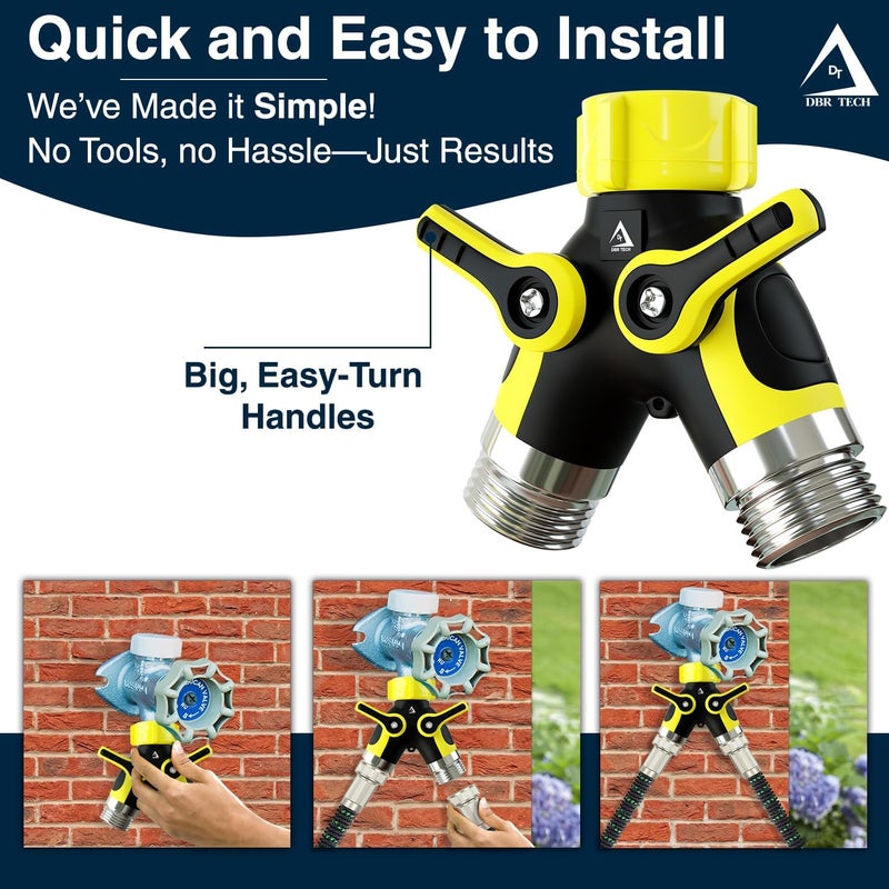 DBR Tech ® Hose Splitter 2 Way, Heavy Duty Metal Connector, Two Way Garden Hose Splitter, High Flow Spigot Faucet Bib Adapter, Solid Double Y Shut Off Valve for Outdoor Gardening Hoses, Yellow - Image 3