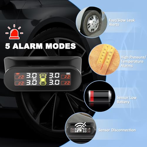 Avutrel Tire Pressure Monitoring System,TPMS Solar Charge,Adjustable angle on Windowshield,LCD Display,4 Sensors&6 Alarm Modes,Easy to Install Real Time Display Temperature Pressure for RV,Sedans,SUV,MPV - Image 2