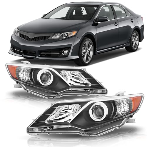 corkiauto Headlight Assembly Compatible with 2012 2013 2014 Toyota Camry LSeLeXle Halogen Headlamp Pair Black Housing Amber Reflector - Image 1