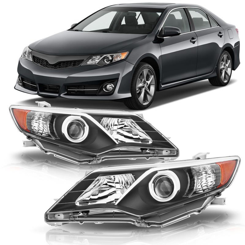 corkiauto Headlight Assembly Compatible with 2012 2013 2014 Toyota Camry LSeLeXle Halogen Headlamp Pair Black Housing Amber Reflector - Image 3