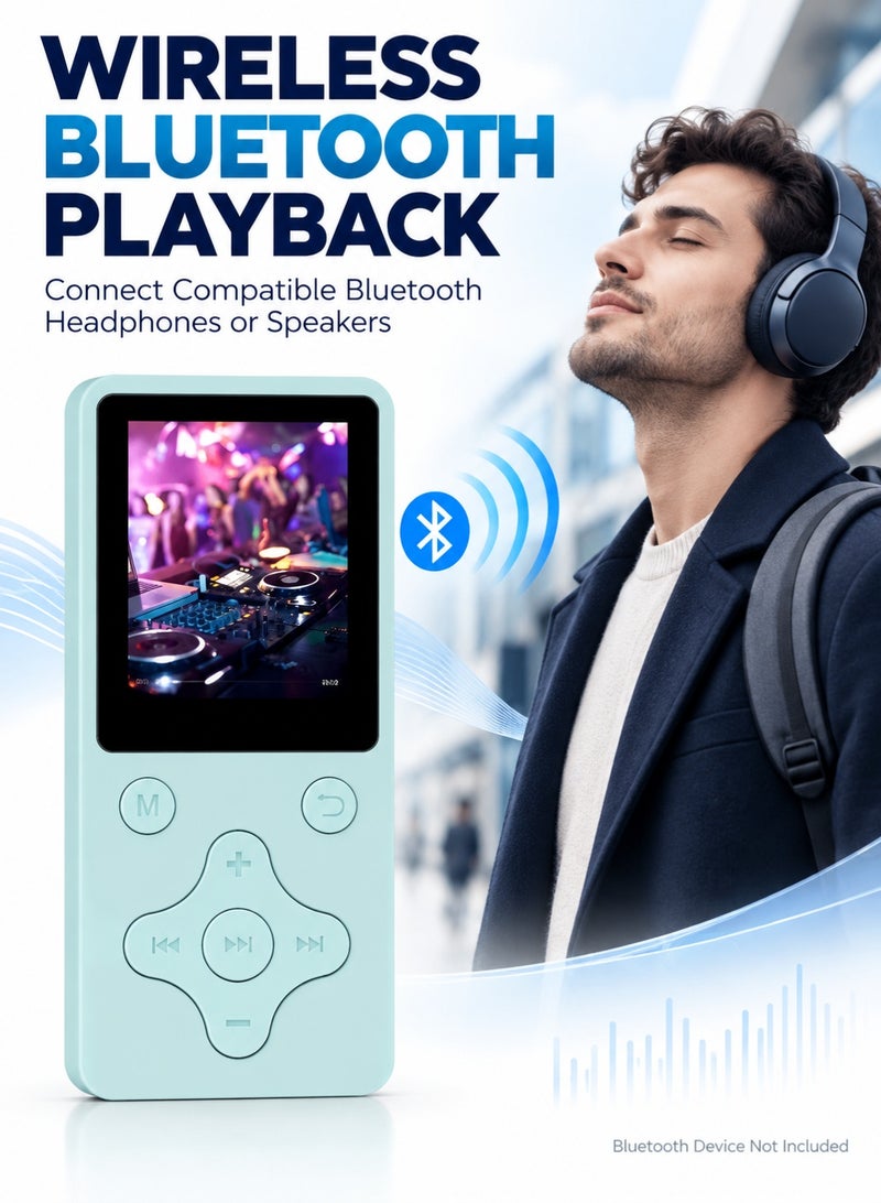 زيزي مشغل MP3 محمول مزود بتقنية البلوتوث ومكبر صوت مدمج، سعة 16 جيجابايت، يضم راديو FM ومسجل صوت، ويأتي مع سماعات أذن وكابل بيانات USB (مناسب للرياضة والسفر - اللون الأزرق) - Image 3
