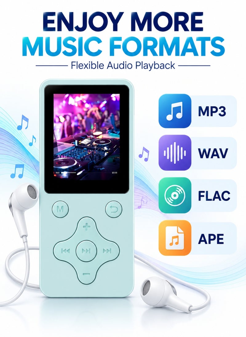 زيزي مشغل MP3 محمول مزود بتقنية البلوتوث ومكبر صوت مدمج، سعة 16 جيجابايت، يضم راديو FM ومسجل صوت، ويأتي مع سماعات أذن وكابل بيانات USB (مناسب للرياضة والسفر - اللون الأزرق) - Image 4