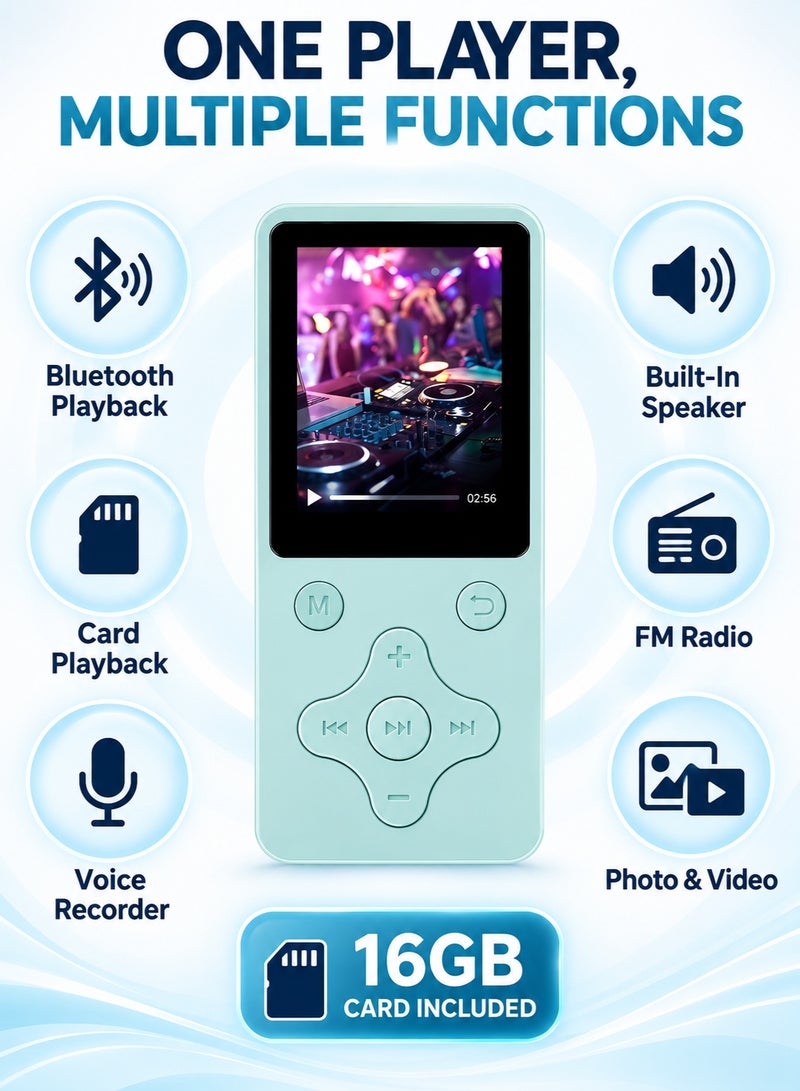 زيزي مشغل MP3 محمول مزود بتقنية البلوتوث ومكبر صوت مدمج، سعة 16 جيجابايت، يضم راديو FM ومسجل صوت، ويأتي مع سماعات أذن وكابل بيانات USB (مناسب للرياضة والسفر - اللون الأزرق) - Image 2