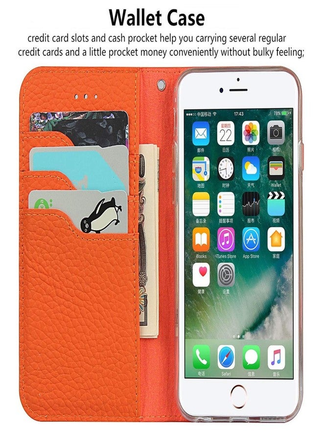 iCoverCase Genuine Leather Wallet Case for iPhone 7 Plus/8 Plus, Orange with Wrist Strap, Card Holder, Magnetic Closure, Kickstand - Image 5