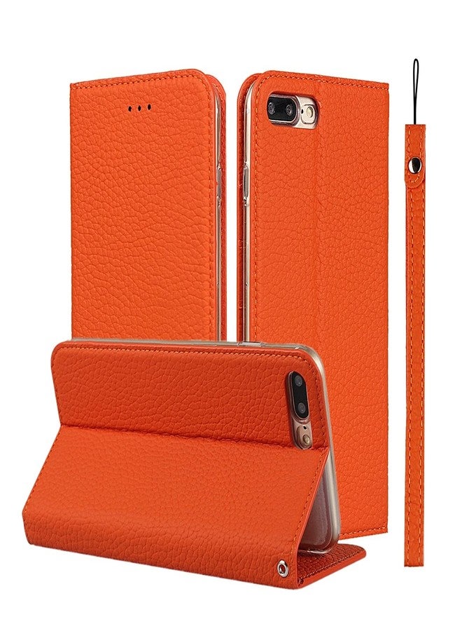 iCoverCase Genuine Leather Wallet Case for iPhone 7 Plus/8 Plus, Orange with Wrist Strap, Card Holder, Magnetic Closure, Kickstand - Image 1