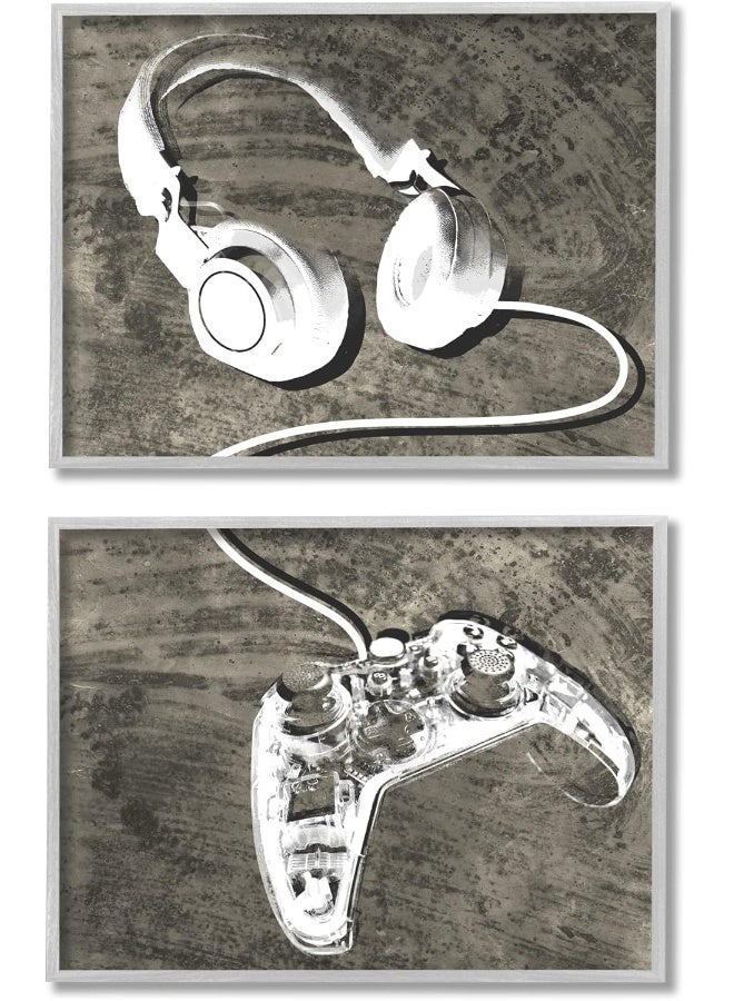 Stupell Industries Kids' Entertainment Accessories Rustic Headphones Video Game Controller, Designed by Daphne Polselli Gray Framed Wall Art, 20 x 16, White - Image 1