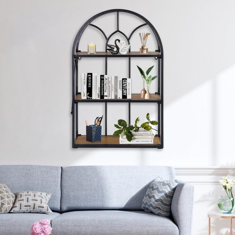 Synovana Arched Foldable Metal & Wood Wall Shelf â€“ 3 Tier Freestanding Floating Ledge Shelves Window Design Storage Rack for Home DÃ©cor - Image 5