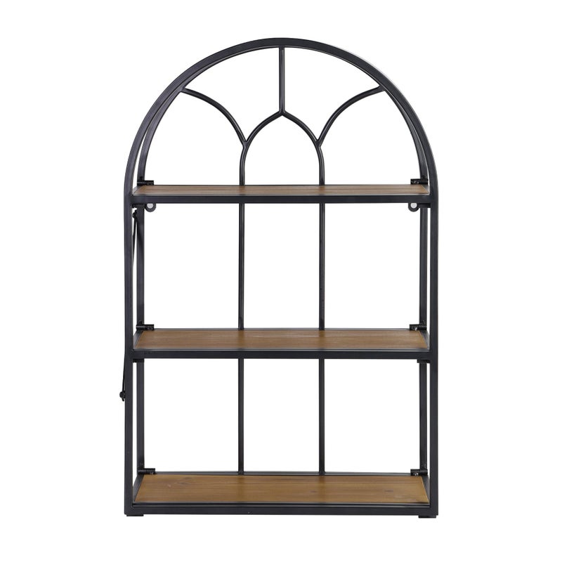 Synovana Arched Foldable Metal & Wood Wall Shelf â€“ 3 Tier Freestanding Floating Ledge Shelves Window Design Storage Rack for Home DÃ©cor - Image 1