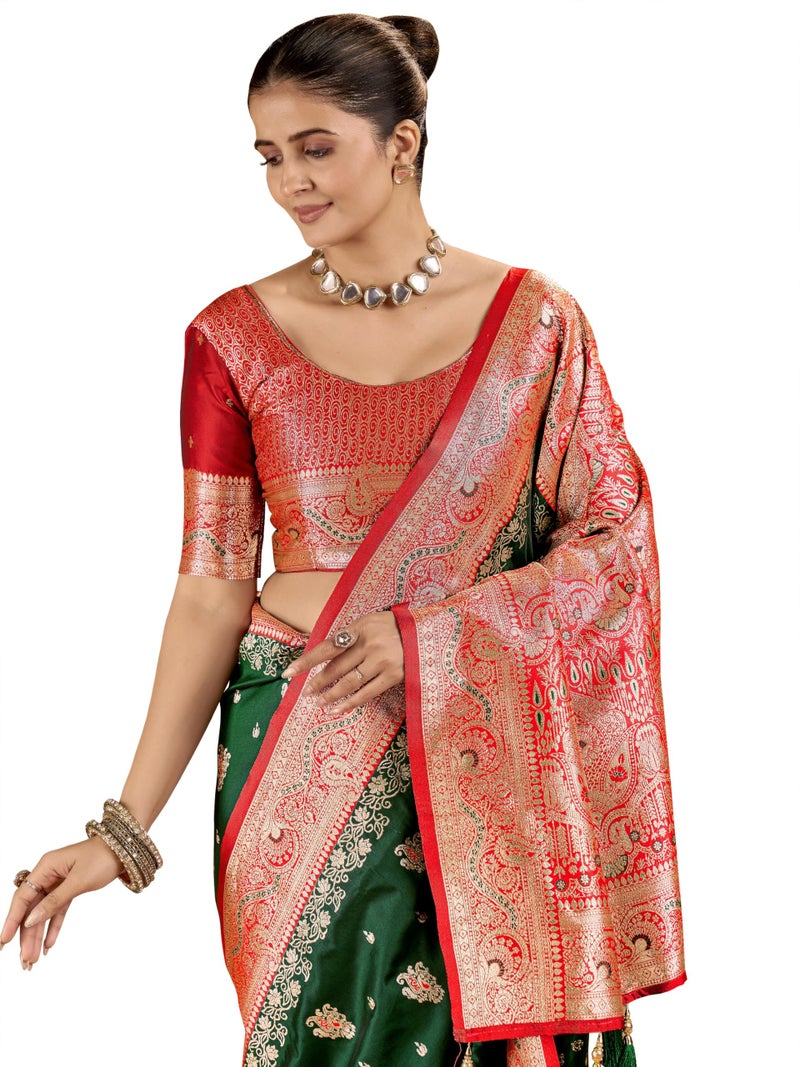 Mehrang Women's Banarasi Silk Kanjivaram Saree For Wedding With Pure Zari Work, Woven Design, With Unstitched Blouse Piece - Image 1