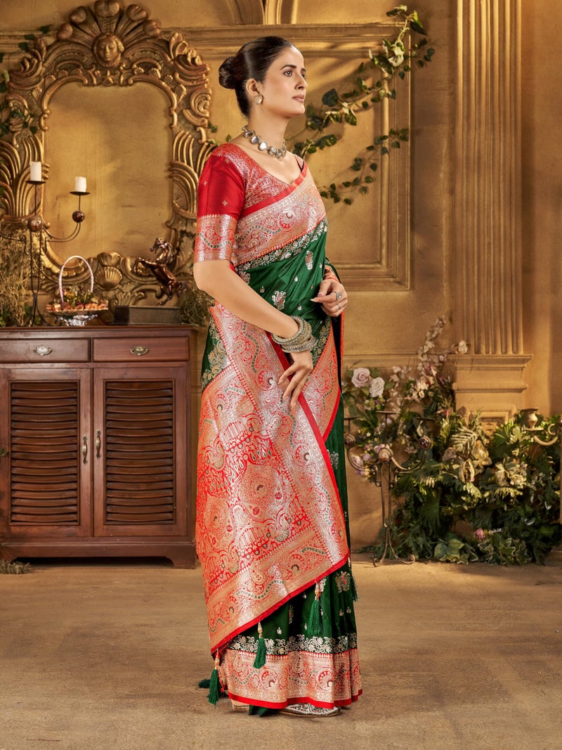 Mehrang Women's Banarasi Silk Kanjivaram Saree For Wedding With Pure Zari Work, Woven Design, With Unstitched Blouse Piece - Image 4