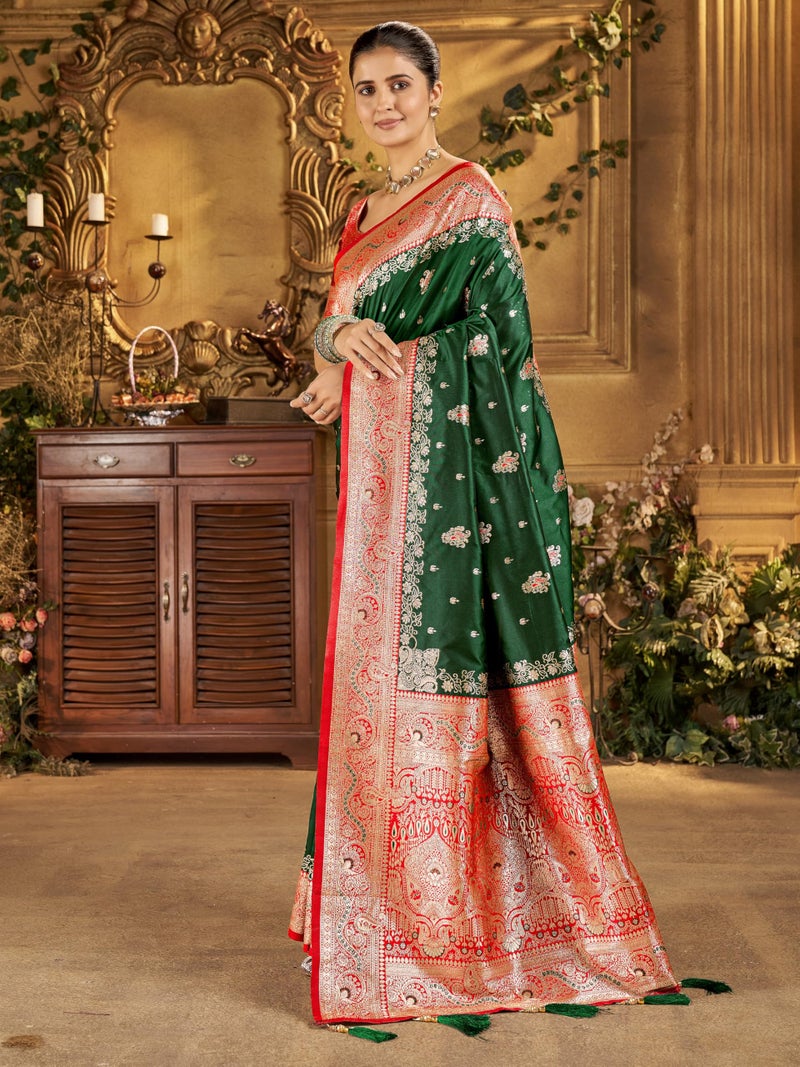 Mehrang Women's Banarasi Silk Kanjivaram Saree For Wedding With Pure Zari Work, Woven Design, With Unstitched Blouse Piece - Image 3