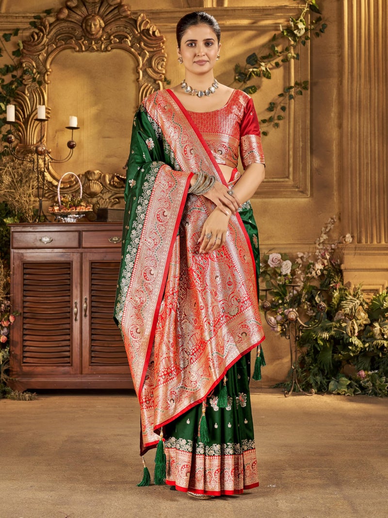 Mehrang Women's Banarasi Silk Kanjivaram Saree For Wedding With Pure Zari Work, Woven Design, With Unstitched Blouse Piece - Image 5