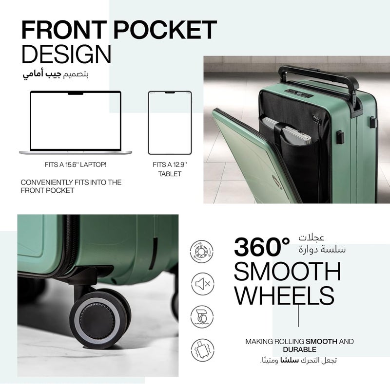 Tereplus Carry On 20-inch Luggage Travel Suitcase with Dual Front Open Laptop Compartment Wide Handle Silent Wheels USB Port Charging Cabin Bag Minnal (Green, 20 inch) - Image 3