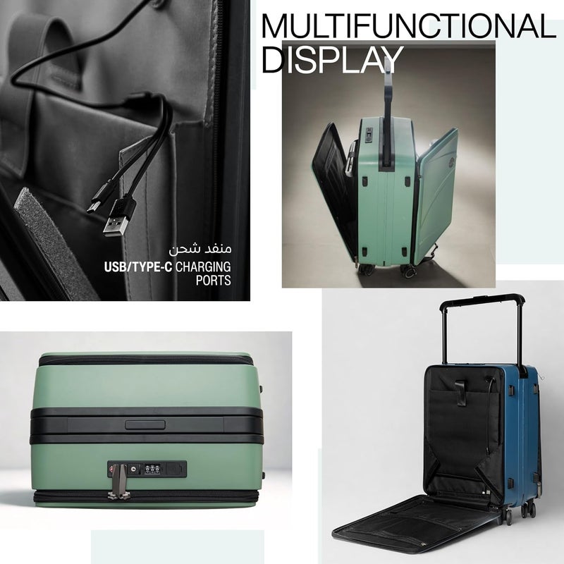 Tereplus Carry On 20-inch Luggage Travel Suitcase with Dual Front Open Laptop Compartment Wide Handle Silent Wheels USB Port Charging Cabin Bag Minnal (Green, 20 inch) - Image 4