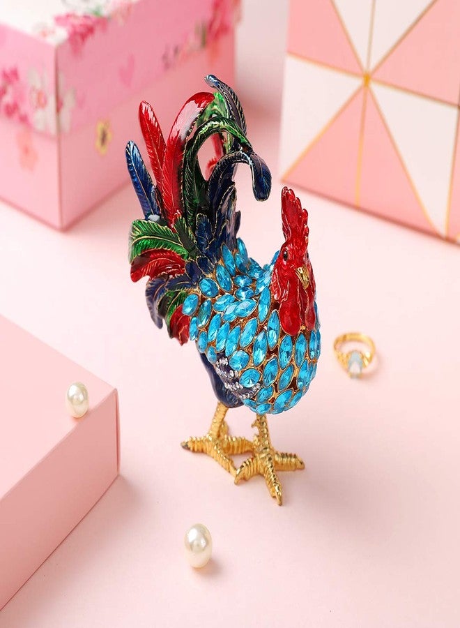 Furuida Rooster Trinket Boxes Hinged Enameled Jewelry Box Hand-Painted Animals Ornaments Craft Gift for Home Decor (Blue) - Image 5