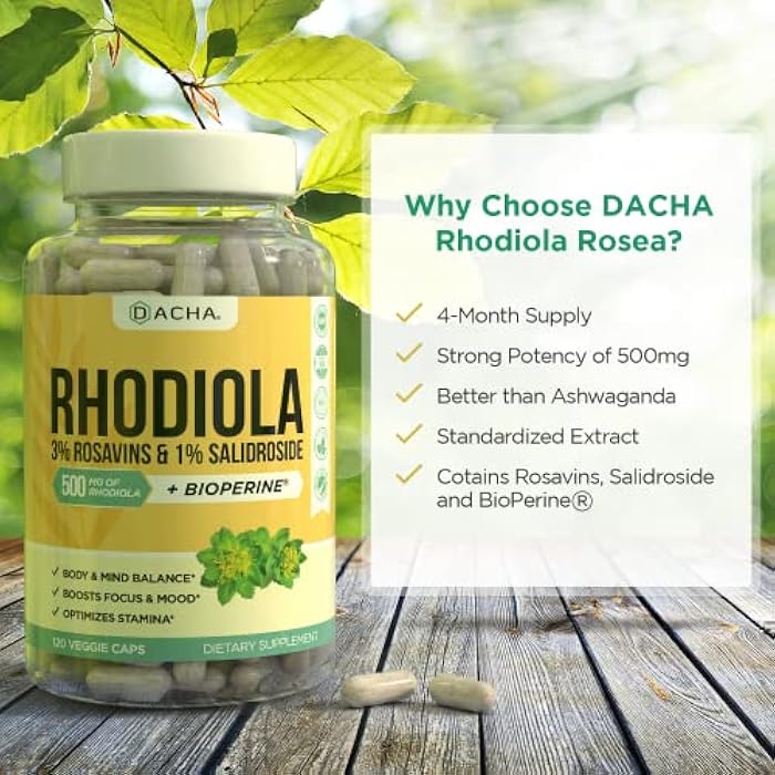 DACHA Natural Rhodiola Rosea Supplement – 120 CAPS 500mg, 3% Rosavins 1% Salidroside, Full 4-Month Supply, Bioperine Enhanced Absorbtion, Mood, Focus, and Brain Booster, Clarity & Stress Support - Image 3