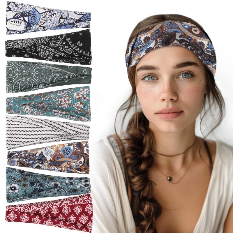 obeoby 8 Pack Headbands for Women, Boho Style Headbands for Mothers Day Gift Non Slip Fashion Wide Hairband for Gardening Ready - Image 1