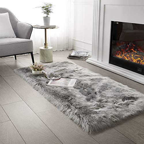 SERISSA Soft Fluffy Rug Grey Faux Sheepskin Fur Rug Shaggy Area Rug for Bedroom Floor Living Room 3x5 Feet - Image 1
