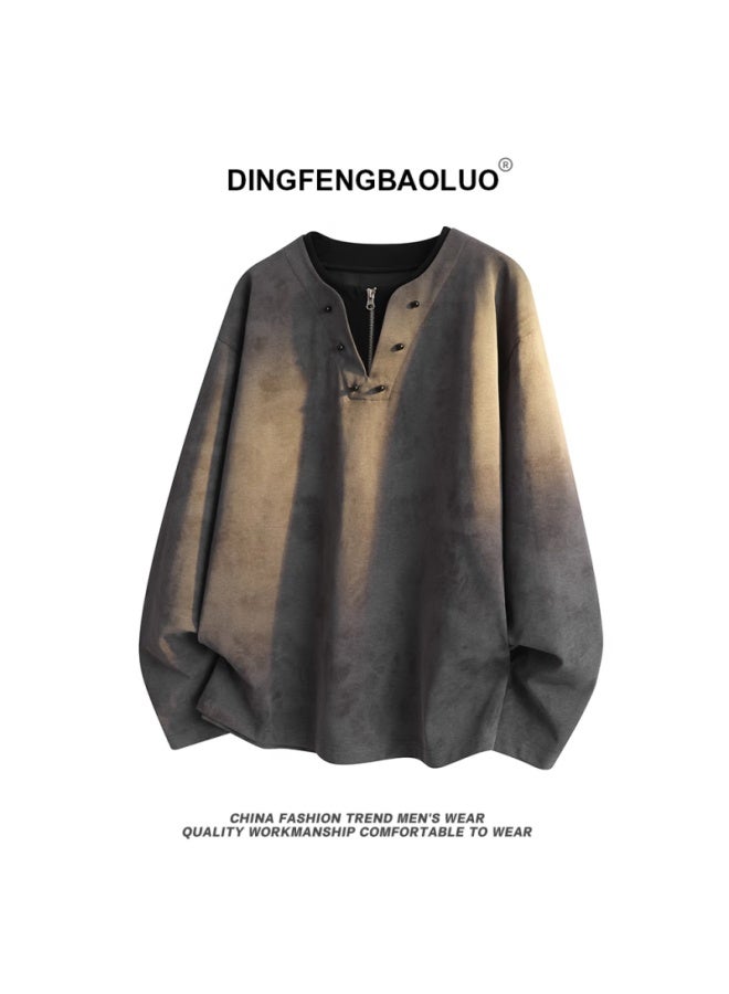 Dingfengbaoluo Lazy Style Two-in-one Long Sleeve T-shirt American Vintage Tie-dye Half-zip Loose Top Xdn19 Dark Gray XL - Image 1