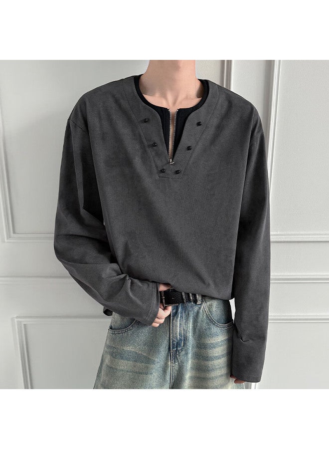 Dingfengbaoluo Lazy Style Two-in-one Long Sleeve T-shirt American Vintage Tie-dye Half-zip Loose Top Xdn19 Dark Gray XL - Image 3